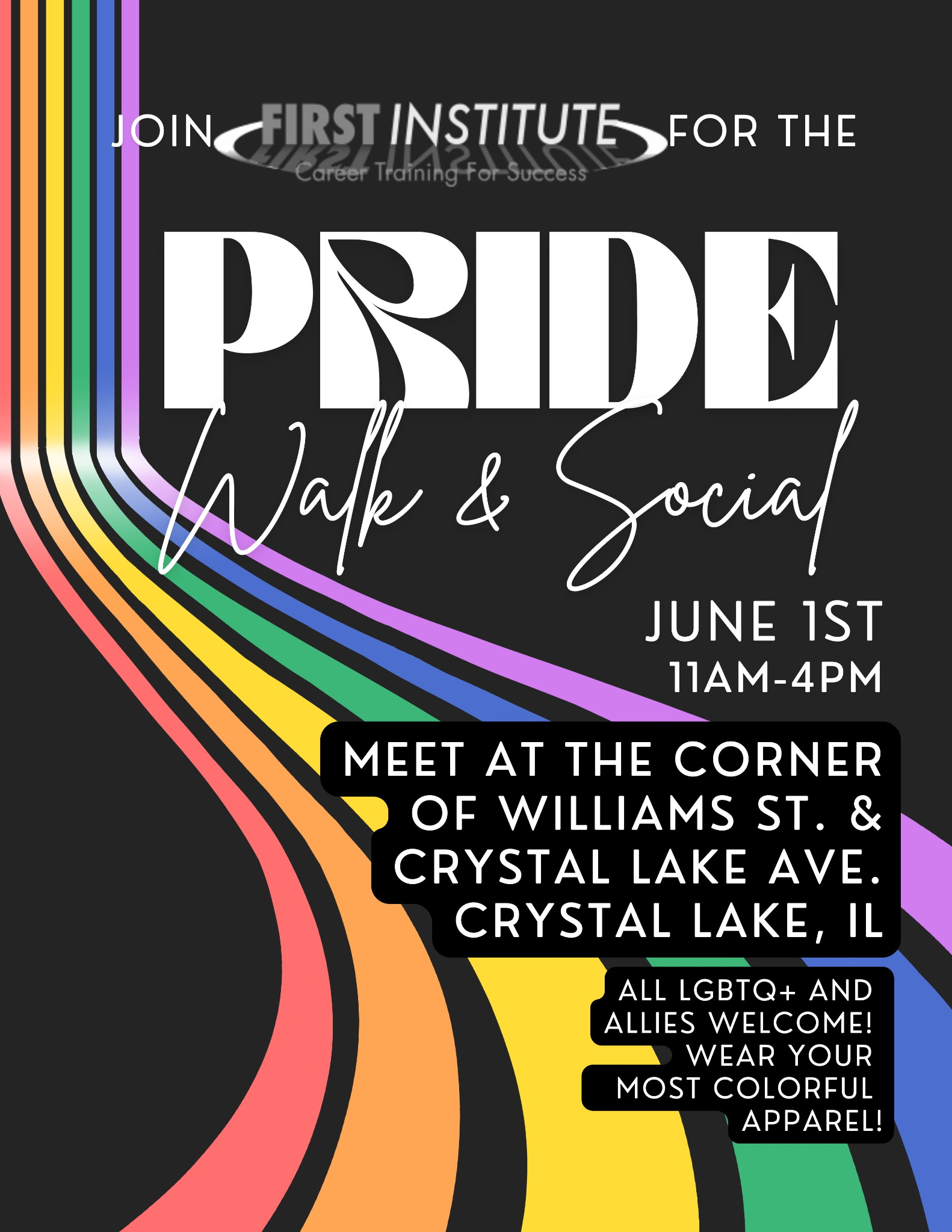 Join the First Institute team at the Crystal Lake PRIDE Walk & Social June 1st from 11:00am-4:00pm